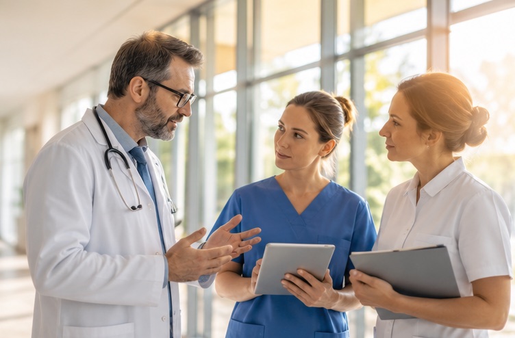 Arzt im Gespräch mit zwei Pflegekräften im hellen Klinikflur